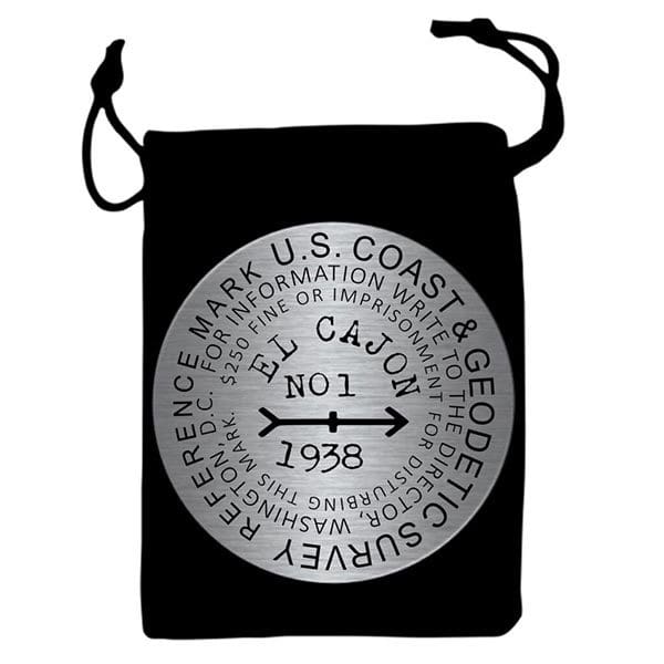 A black bag with a silver and white logo