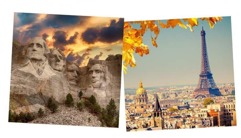 A collage of two pictures with the mount rushmore and a city in the background.