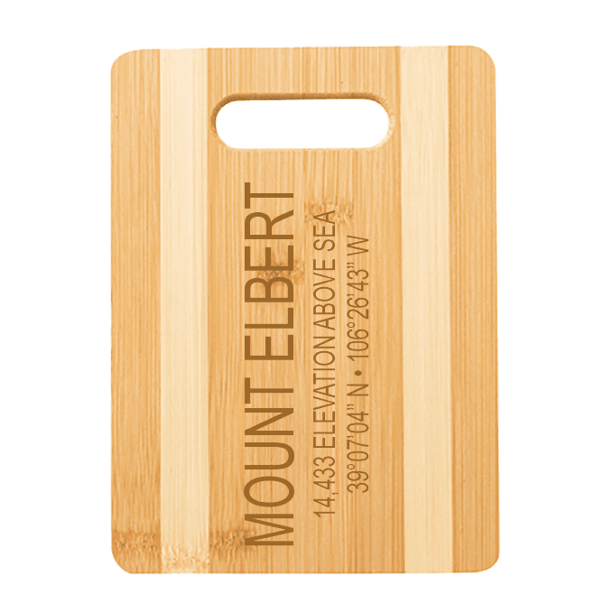 A cutting board with the name mount elbert on it.
