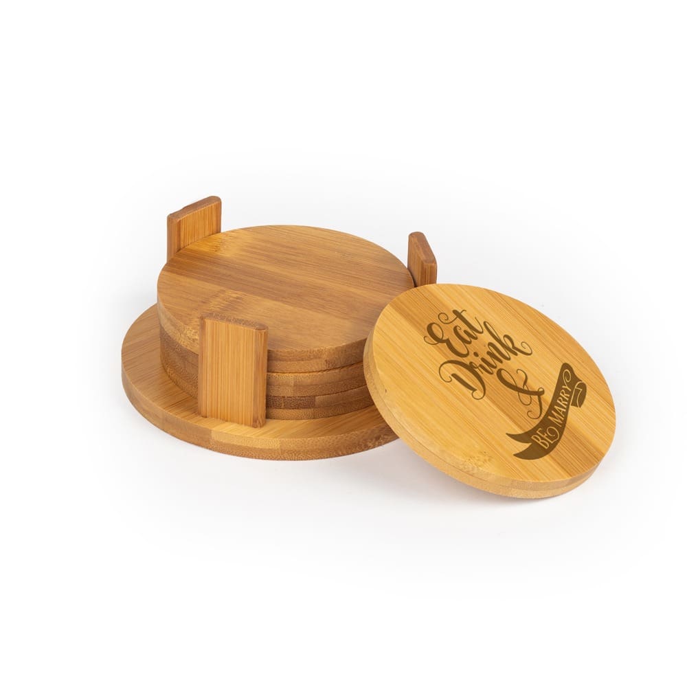 Eat, drink, & be merry bamboo coasters.