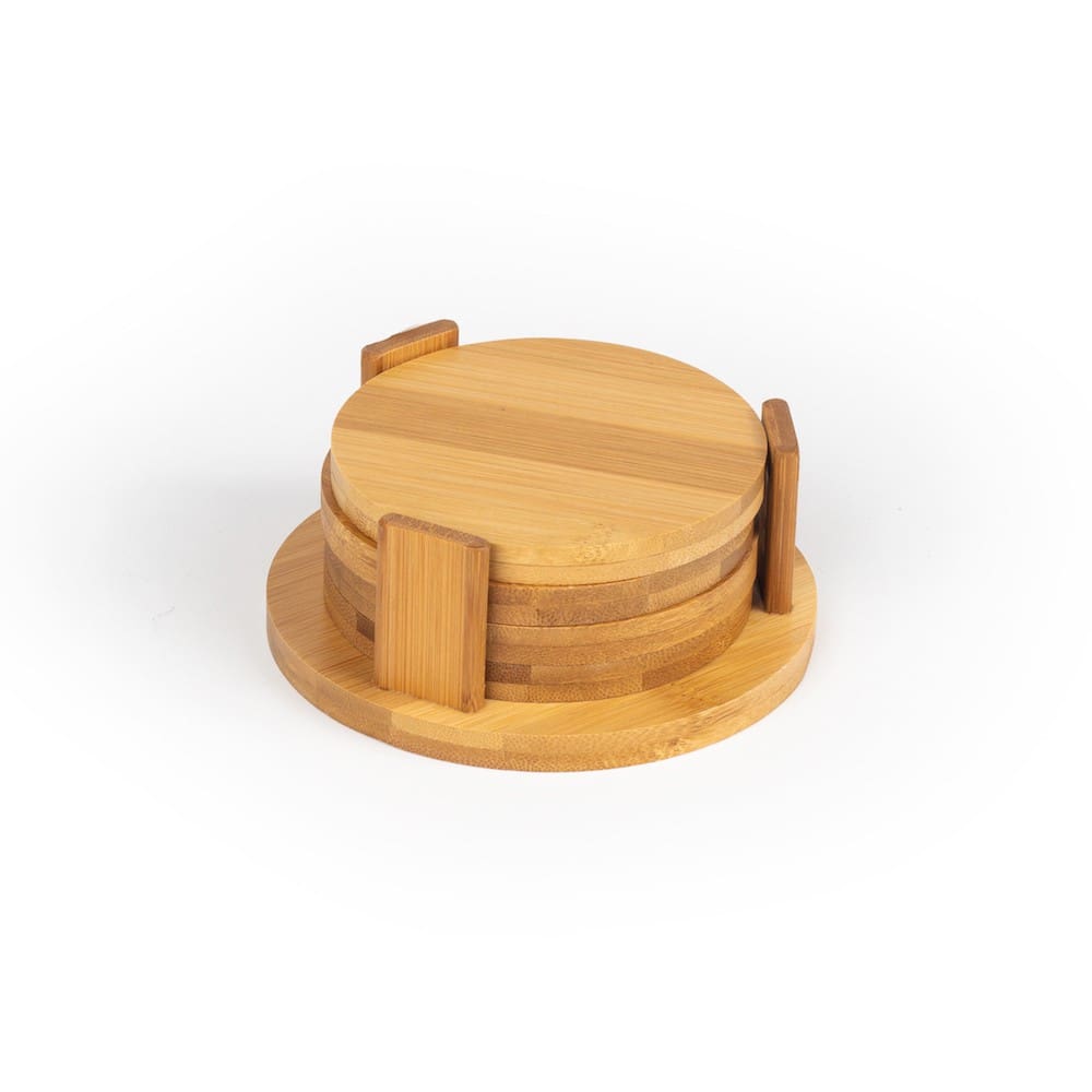 Bamboo coasters in a wooden holder.